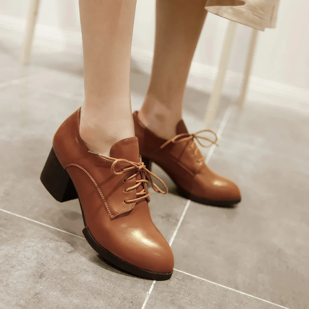 British Leisure Style Lace Up Chunky Heel Shoes
