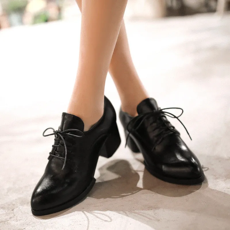British Leisure Style Lace Up Chunky Heel Shoes