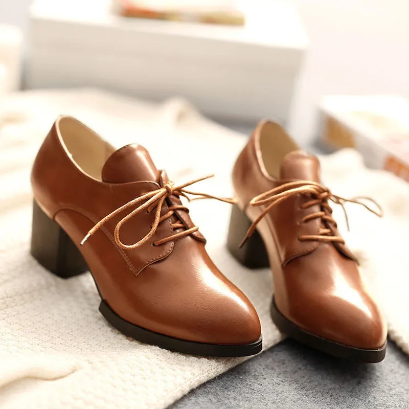 British Leisure Style Lace Up Chunky Heel Shoes