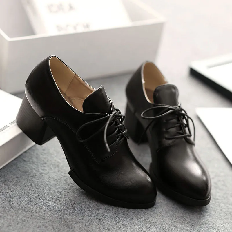 British Leisure Style Lace Up Chunky Heel Shoes