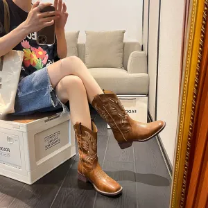 Brown Chunky Heel Short Vintage Embroidered Martin Boots