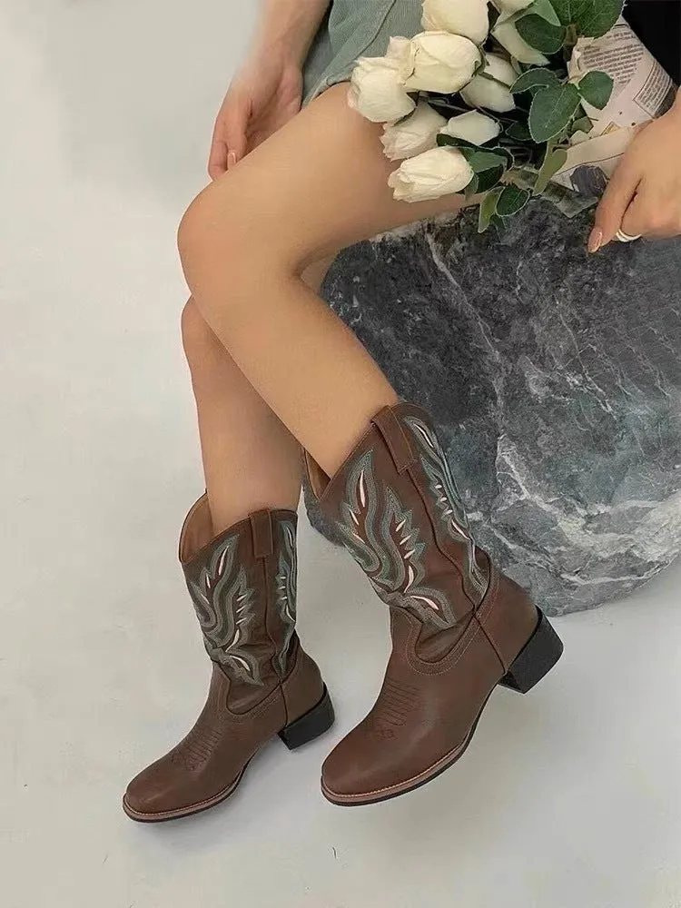 Brown Chunky Heel Short Vintage Embroidered Martin Boots