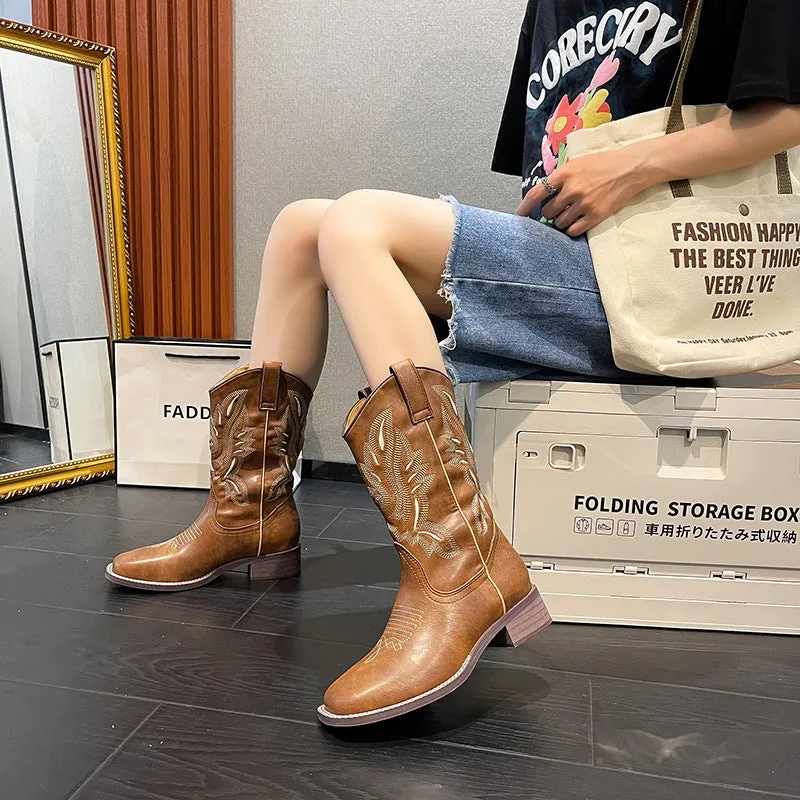 Brown Chunky Heel Short Vintage Embroidered Martin Boots