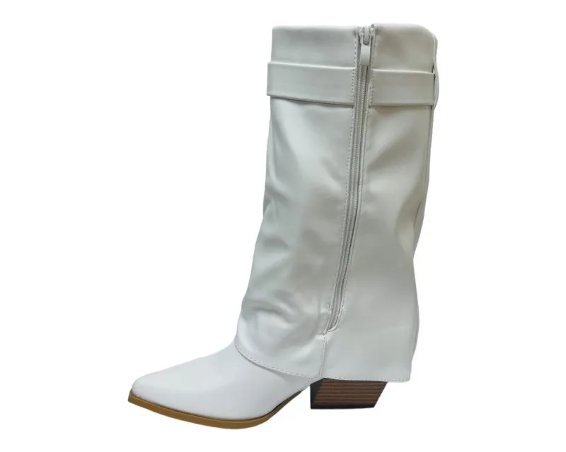 Faux Leather Fold Over Mid Calf Boots