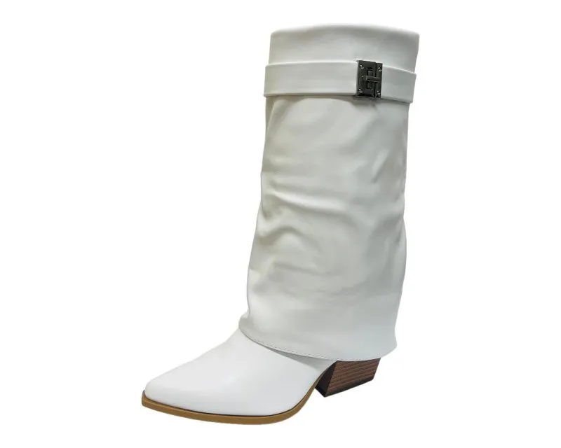 Faux Leather Fold Over Mid Calf Boots
