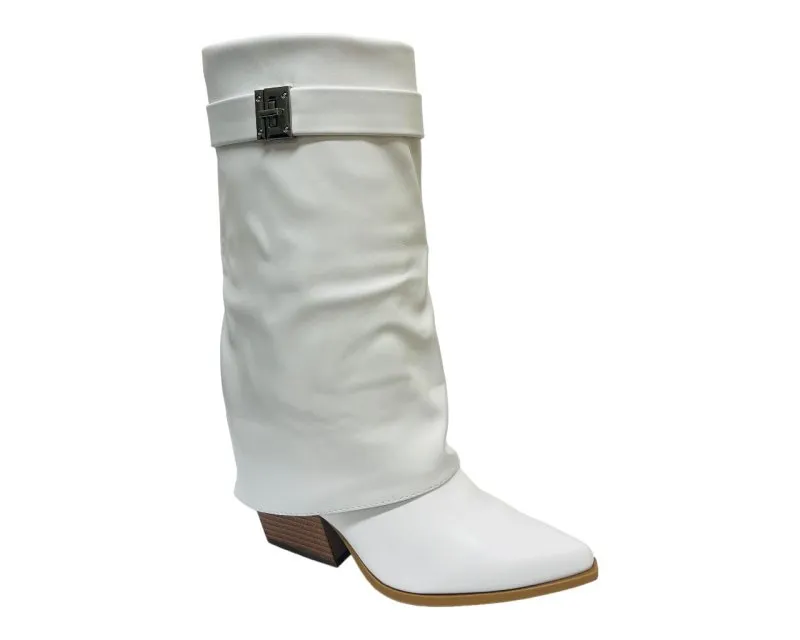 Faux Leather Fold Over Mid Calf Boots