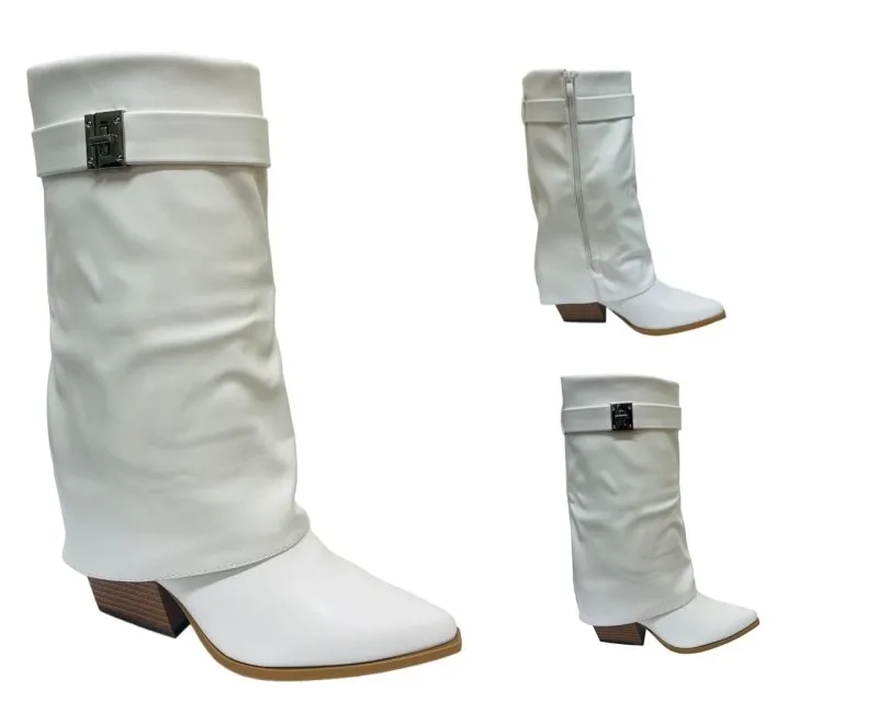 Faux Leather Fold Over Mid Calf Boots