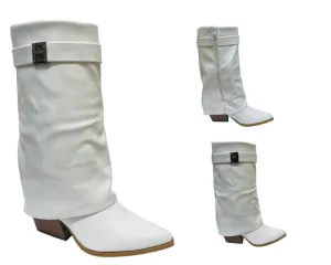 Faux Leather Fold Over Mid Calf Boots