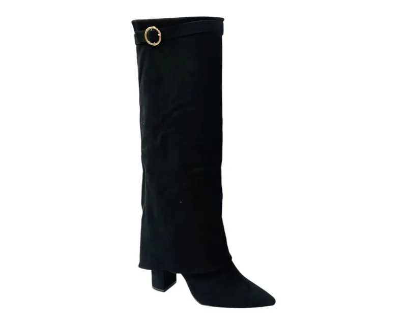 Faux Suede Knee High Fold Over Block Heel Boots