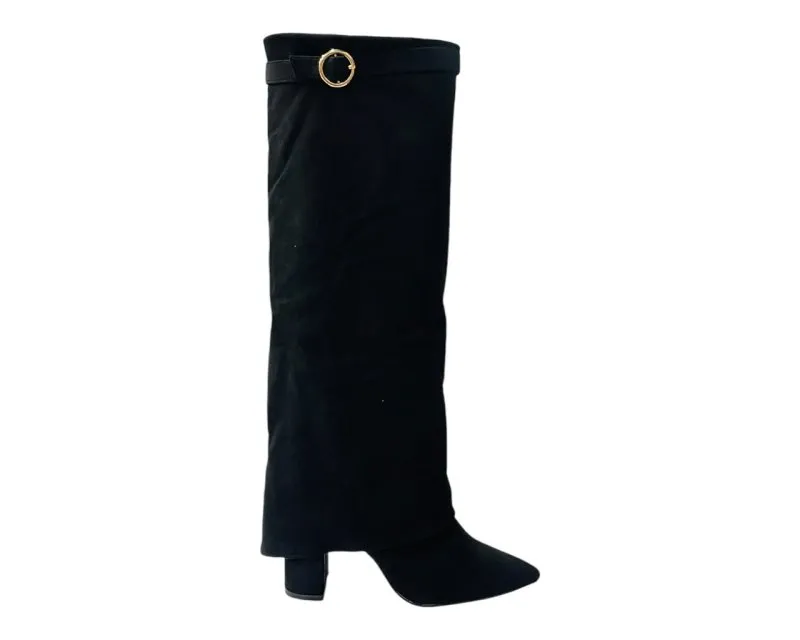 Faux Suede Knee High Fold Over Block Heel Boots