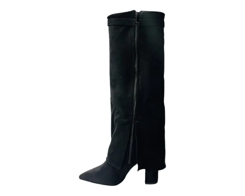Faux Suede Knee High Fold Over Block Heel Boots