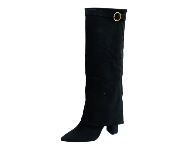 Faux Suede Knee High Fold Over Block Heel Boots