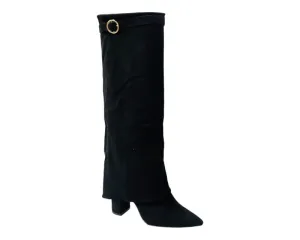 Faux Suede Knee High Fold Over Block Heel Boots