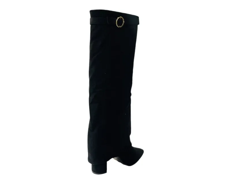 Faux Suede Knee High Fold Over Block Heel Boots