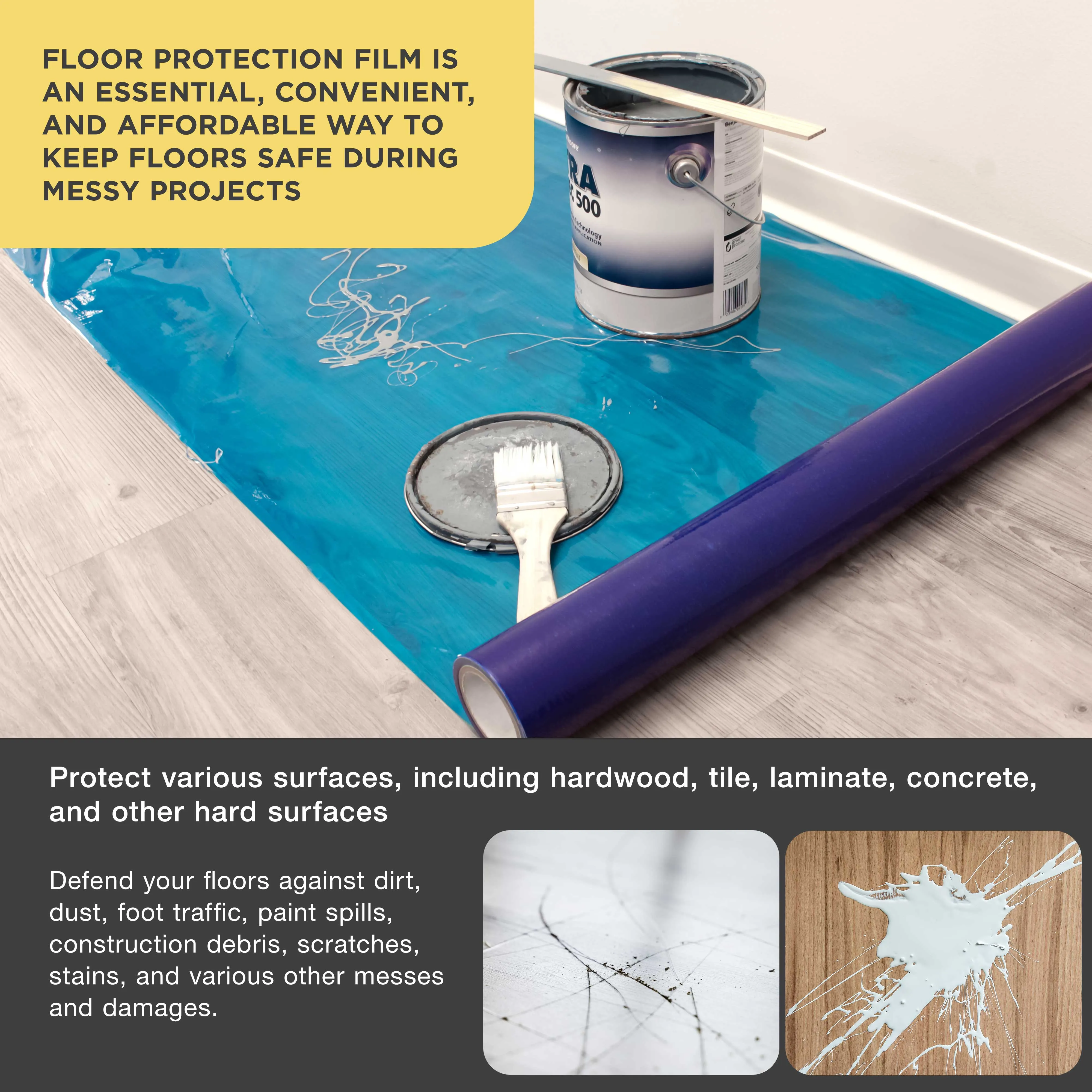 Floor Protection Film, 24-inch x 200' Roll - Blue Self Adhesive Temporary Floor Covering, Protect Flooring from Foot Traffic, Paint Spills, Dust, Construction Debris, Moving - Hardwood, Tile