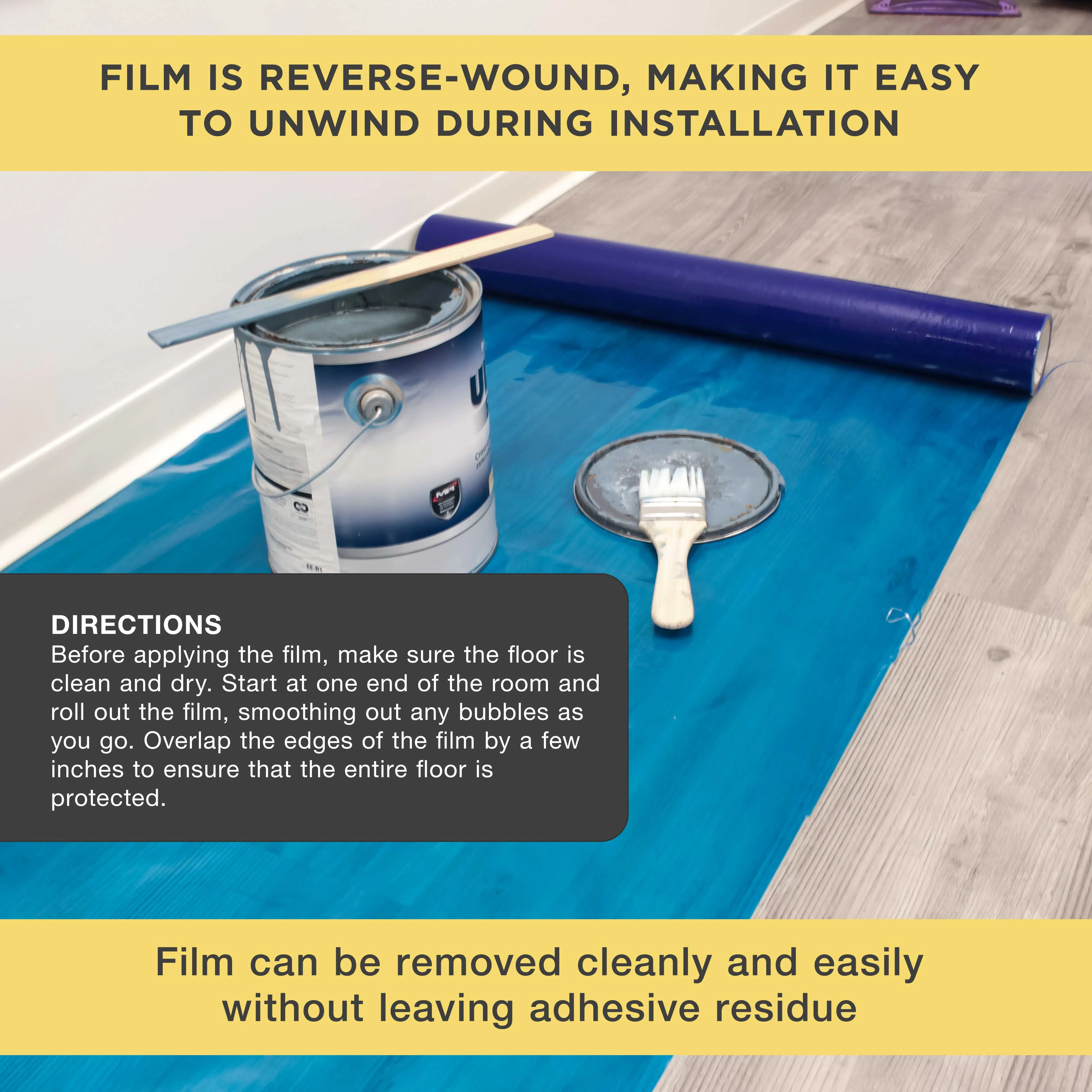 Floor Protection Film, 24-inch x 200' Roll - Blue Self Adhesive Temporary Floor Covering, Protect Flooring from Foot Traffic, Paint Spills, Dust, Construction Debris, Moving - Hardwood, Tile