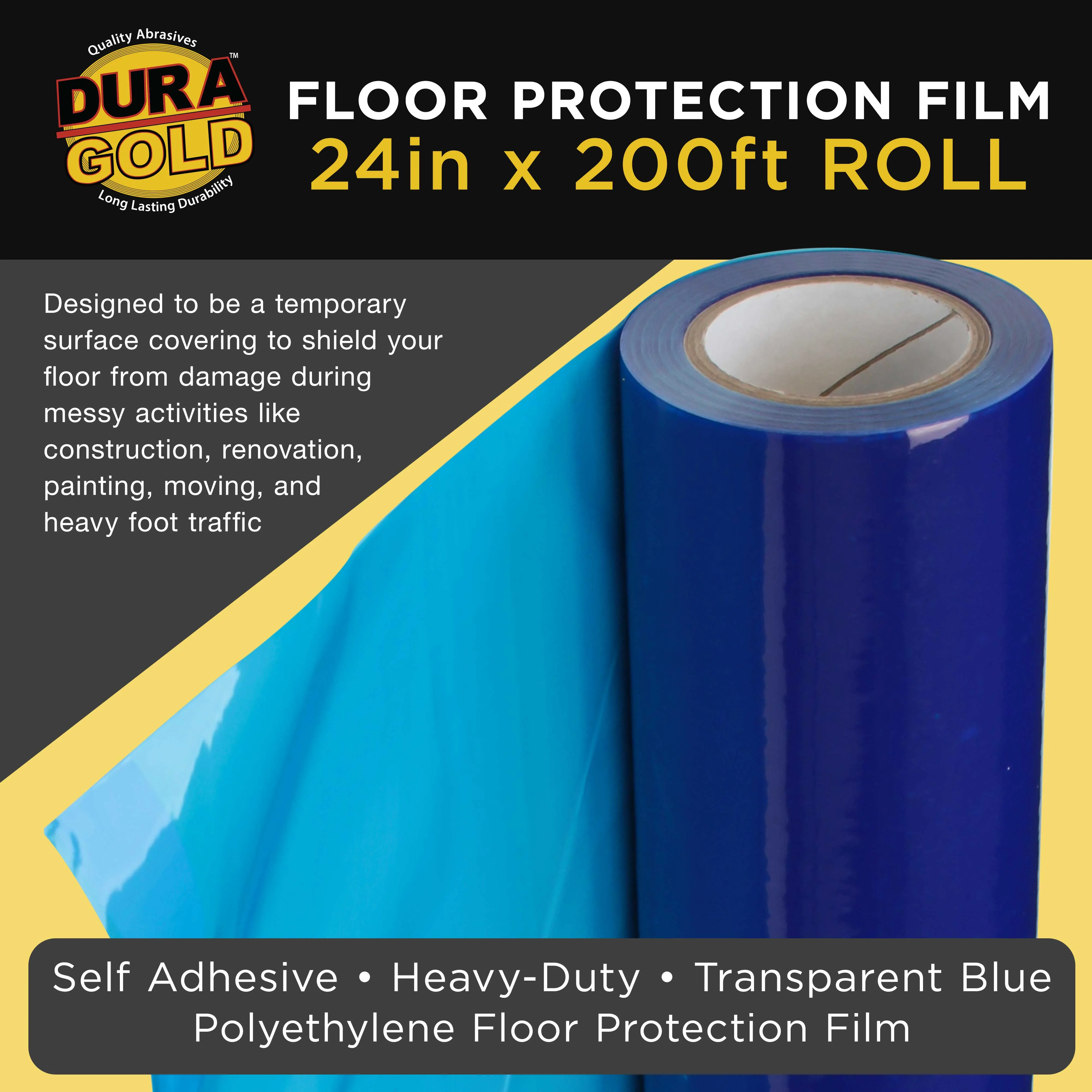 Floor Protection Film, 24-inch x 200' Roll - Blue Self Adhesive Temporary Floor Covering, Protect Flooring from Foot Traffic, Paint Spills, Dust, Construction Debris, Moving - Hardwood, Tile