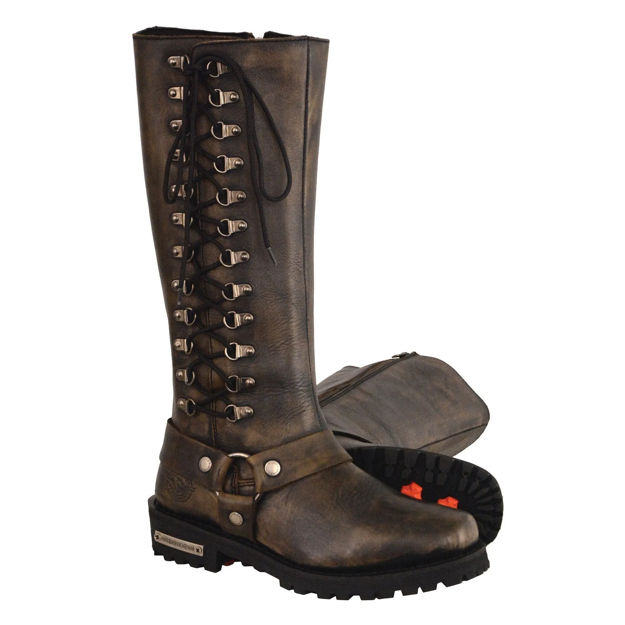Milwaukee Leather Boots MBL9368 Ladies Distressed Brown  14  Inch Classic Harness Square Toe Leather Boot with Full Lacing