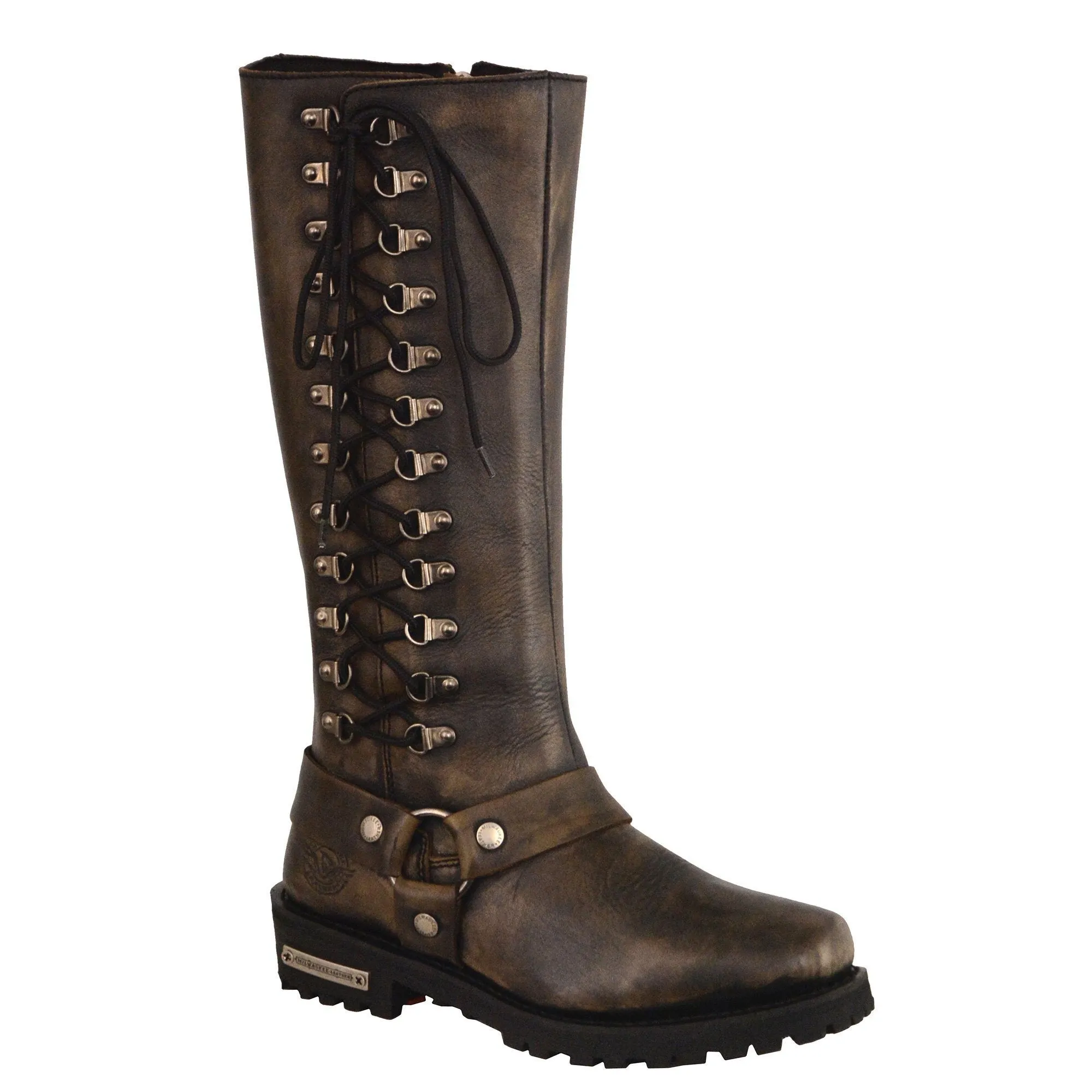 Milwaukee Leather Boots MBL9368 Ladies Distressed Brown  14  Inch Classic Harness Square Toe Leather Boot with Full Lacing