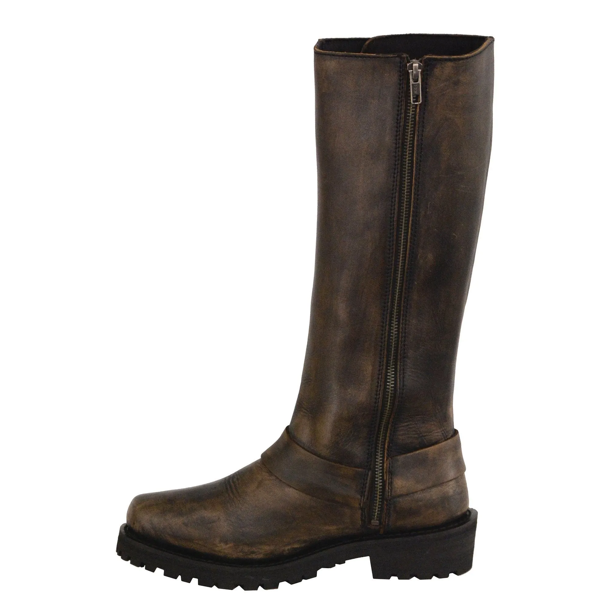 Milwaukee Leather Boots MBL9368 Ladies Distressed Brown  14  Inch Classic Harness Square Toe Leather Boot with Full Lacing