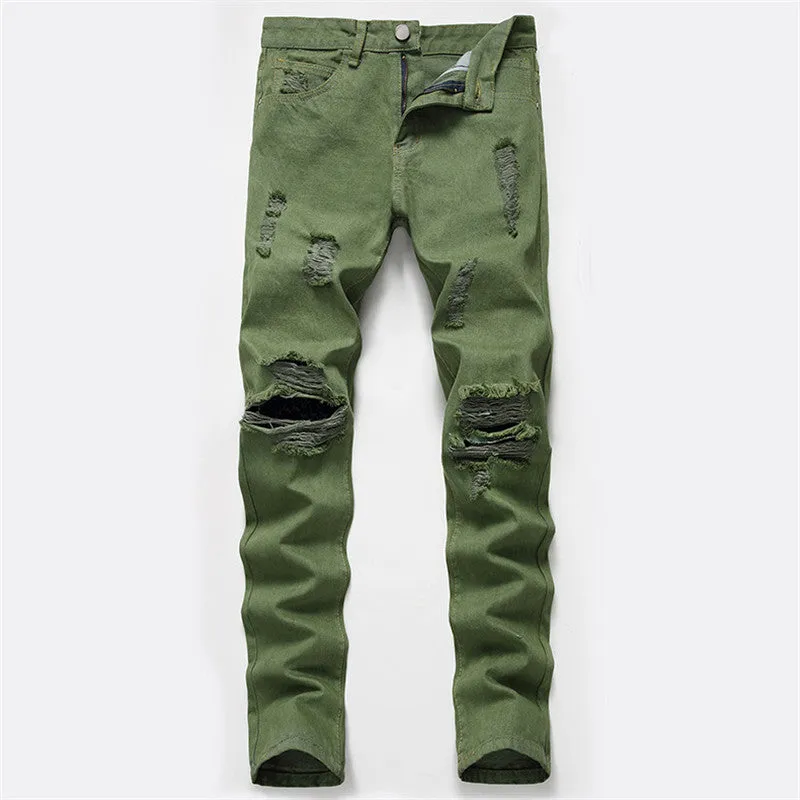 New Men's Ripped Jeans Mid Waisted Jeans Thickened Straight Pants