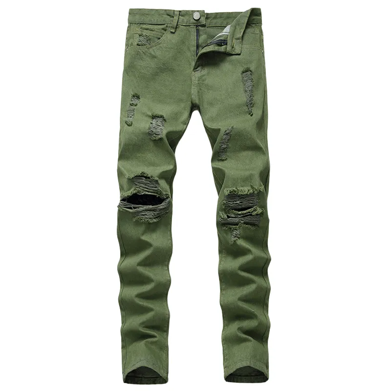 New Men's Ripped Jeans Mid Waisted Jeans Thickened Straight Pants