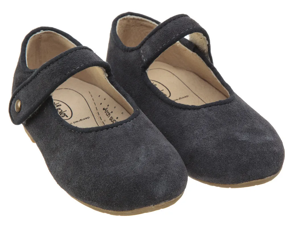 Old Soles Girl's 803 Lady Jane Navy Suede Leather Hook and Loop Decorative Button Mary Jane Flat Shoe