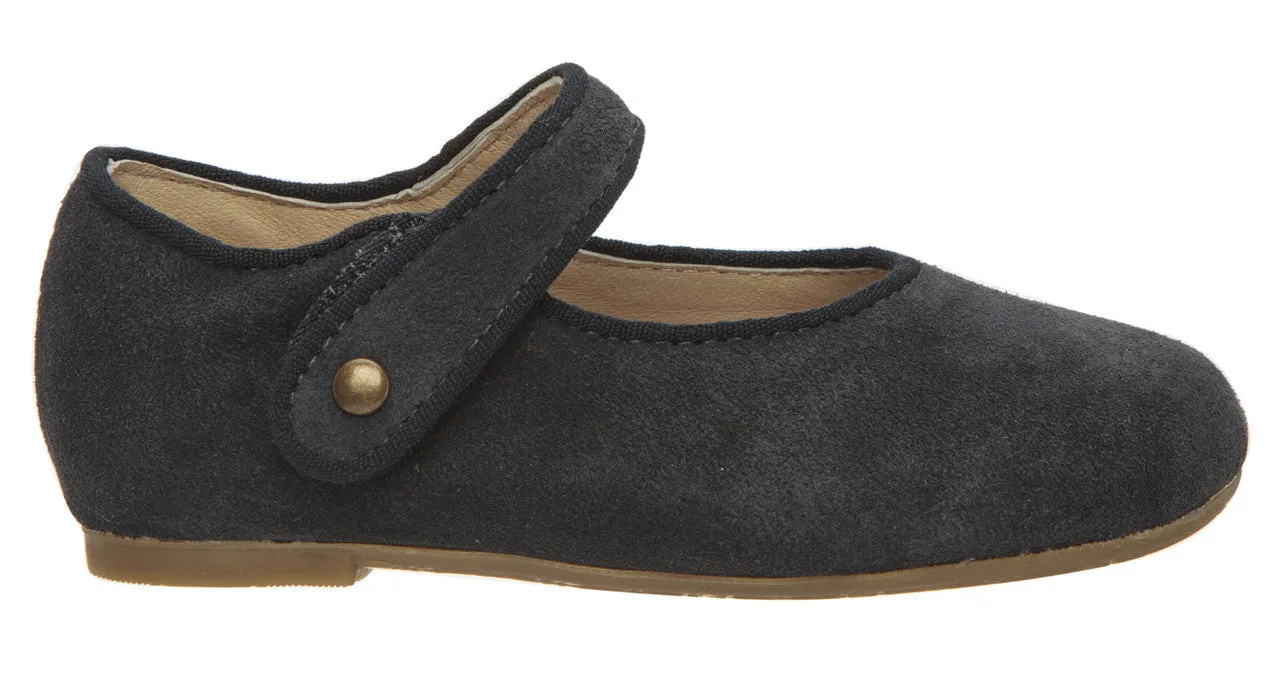 Old Soles Girl's 803 Lady Jane Navy Suede Leather Hook and Loop Decorative Button Mary Jane Flat Shoe