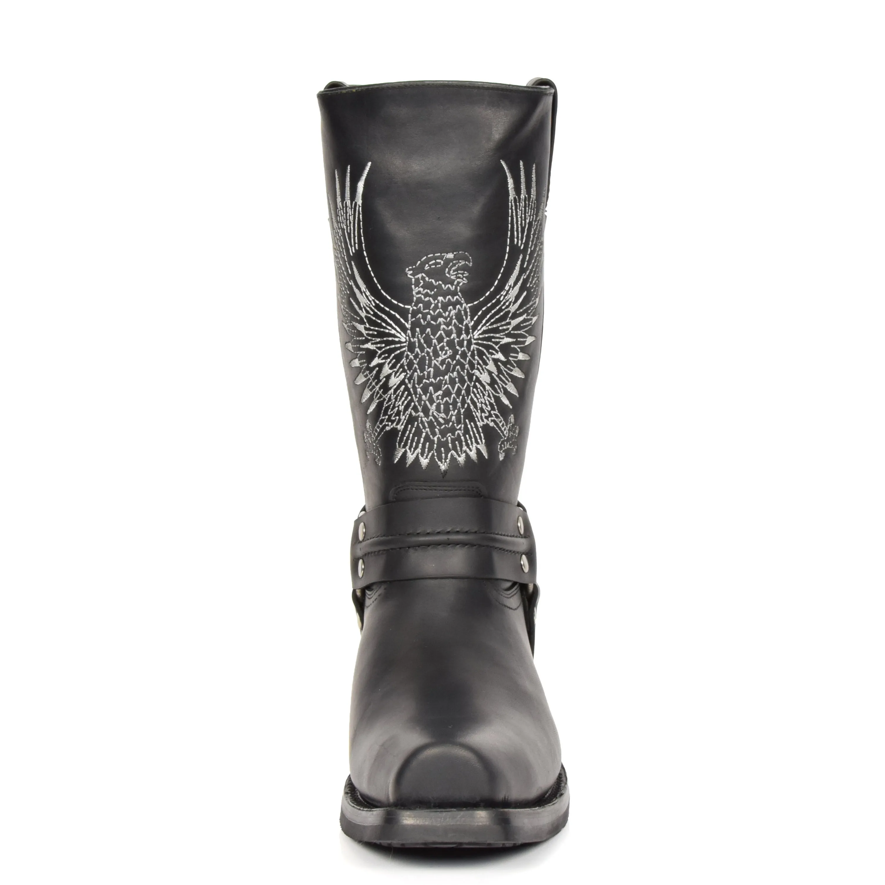 Real Leather Square Toe Cowboy Biker Boots AE33 Black