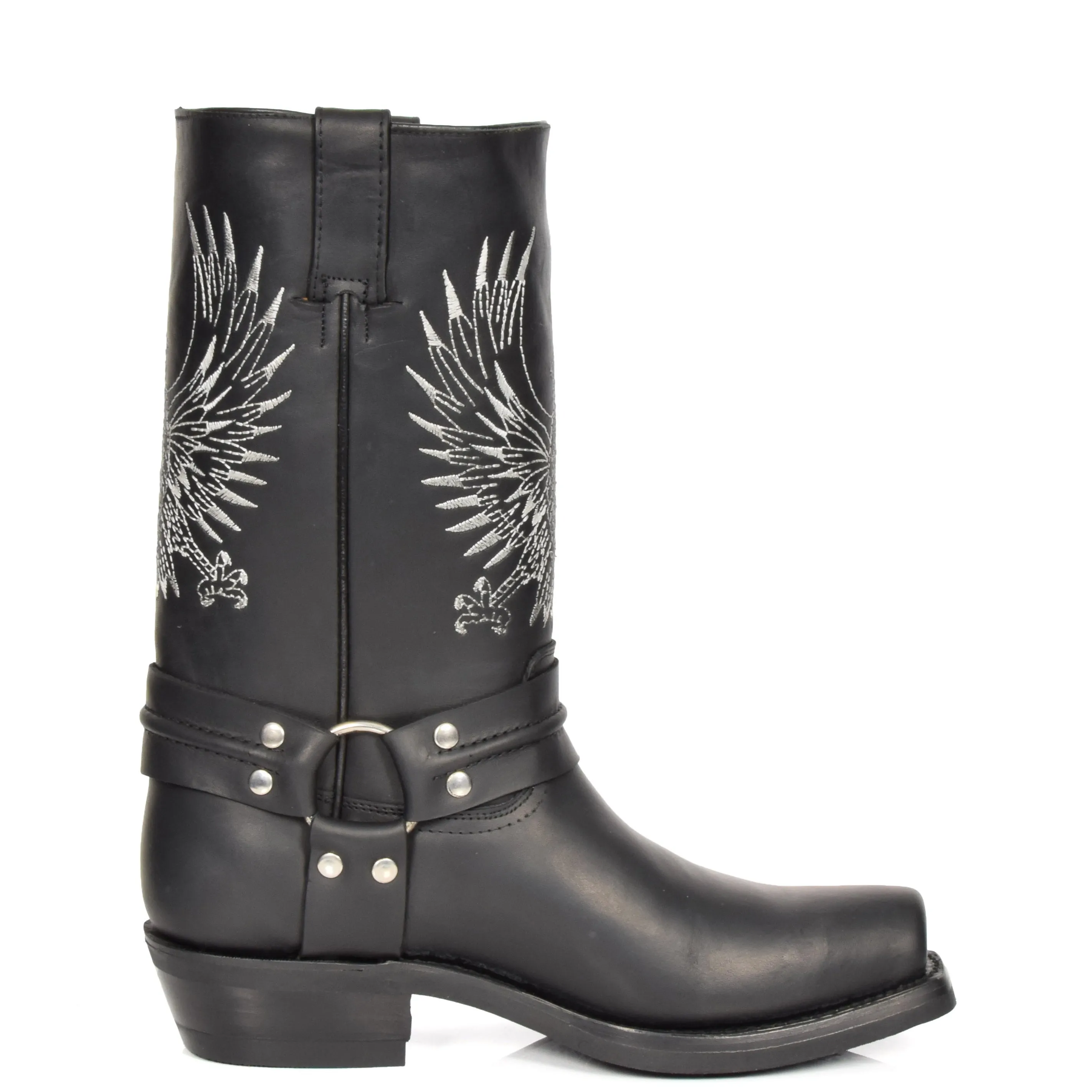 Real Leather Square Toe Cowboy Biker Boots AE33 Black