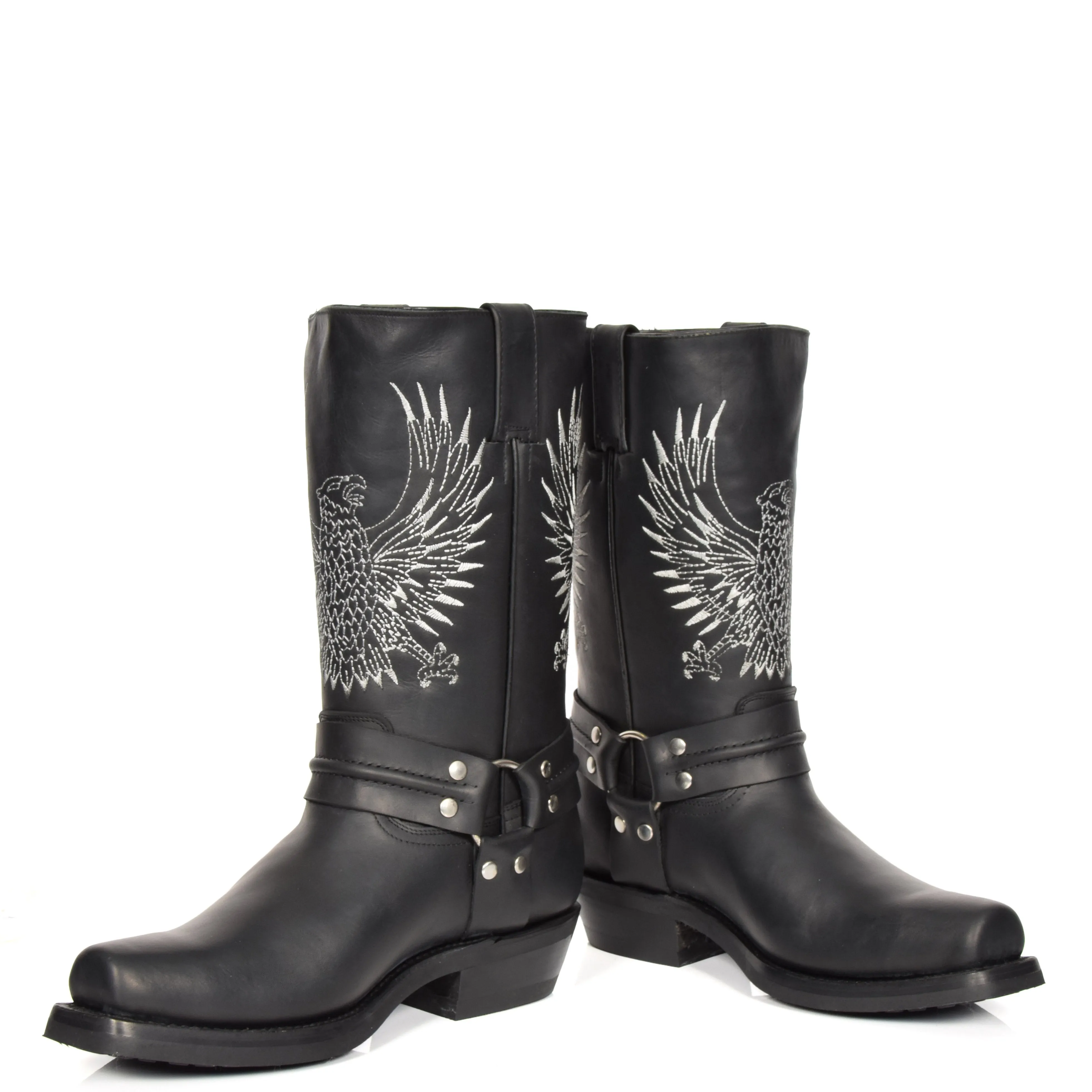 Real Leather Square Toe Cowboy Biker Boots AE33 Black