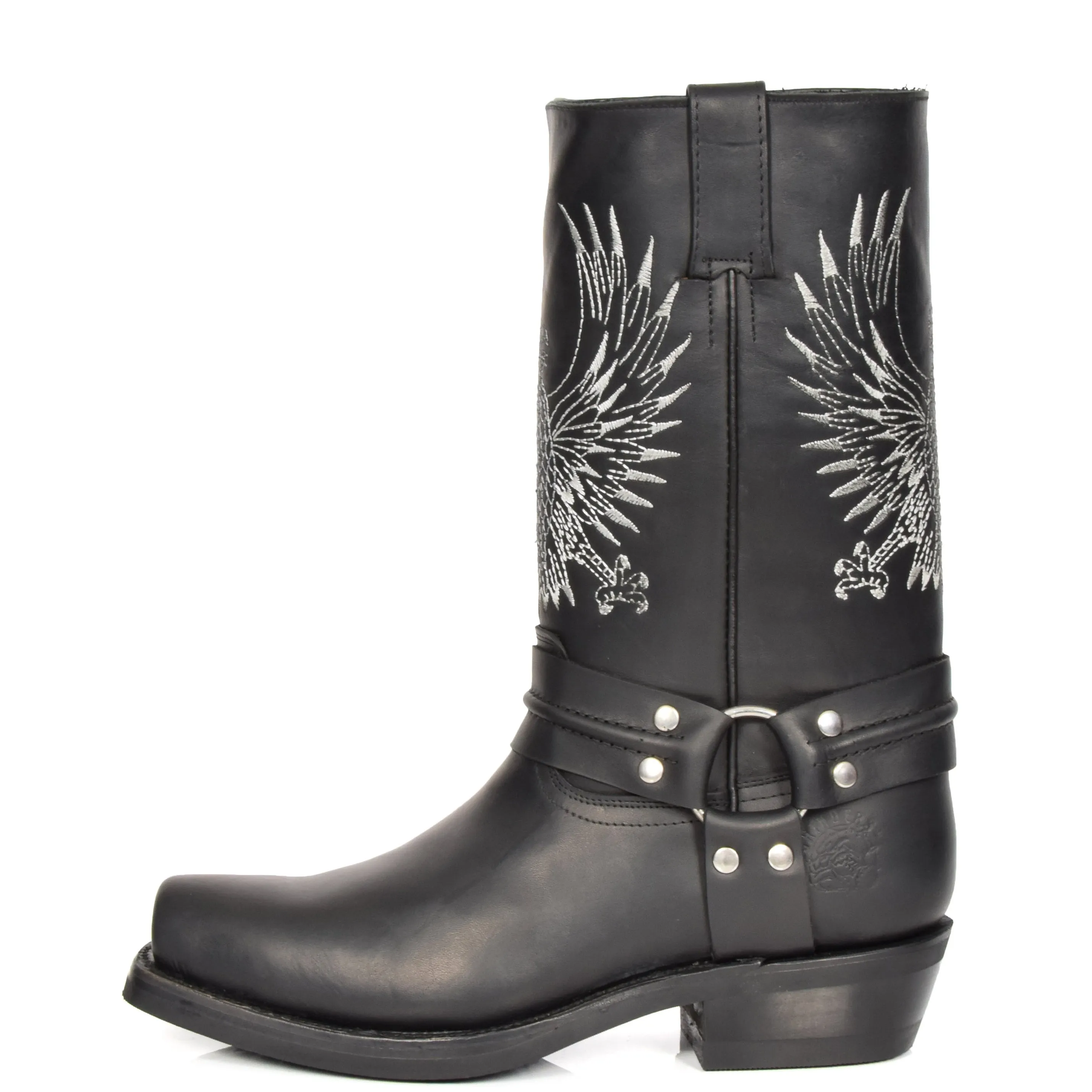 Real Leather Square Toe Cowboy Biker Boots AE33 Black