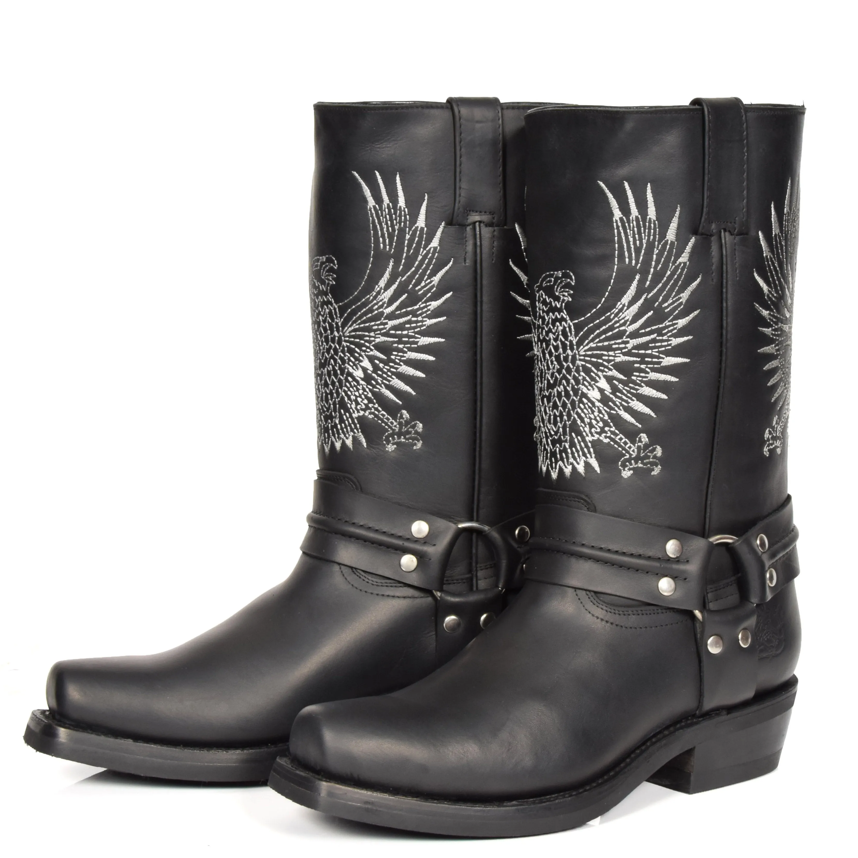 Real Leather Square Toe Cowboy Biker Boots AE33 Black