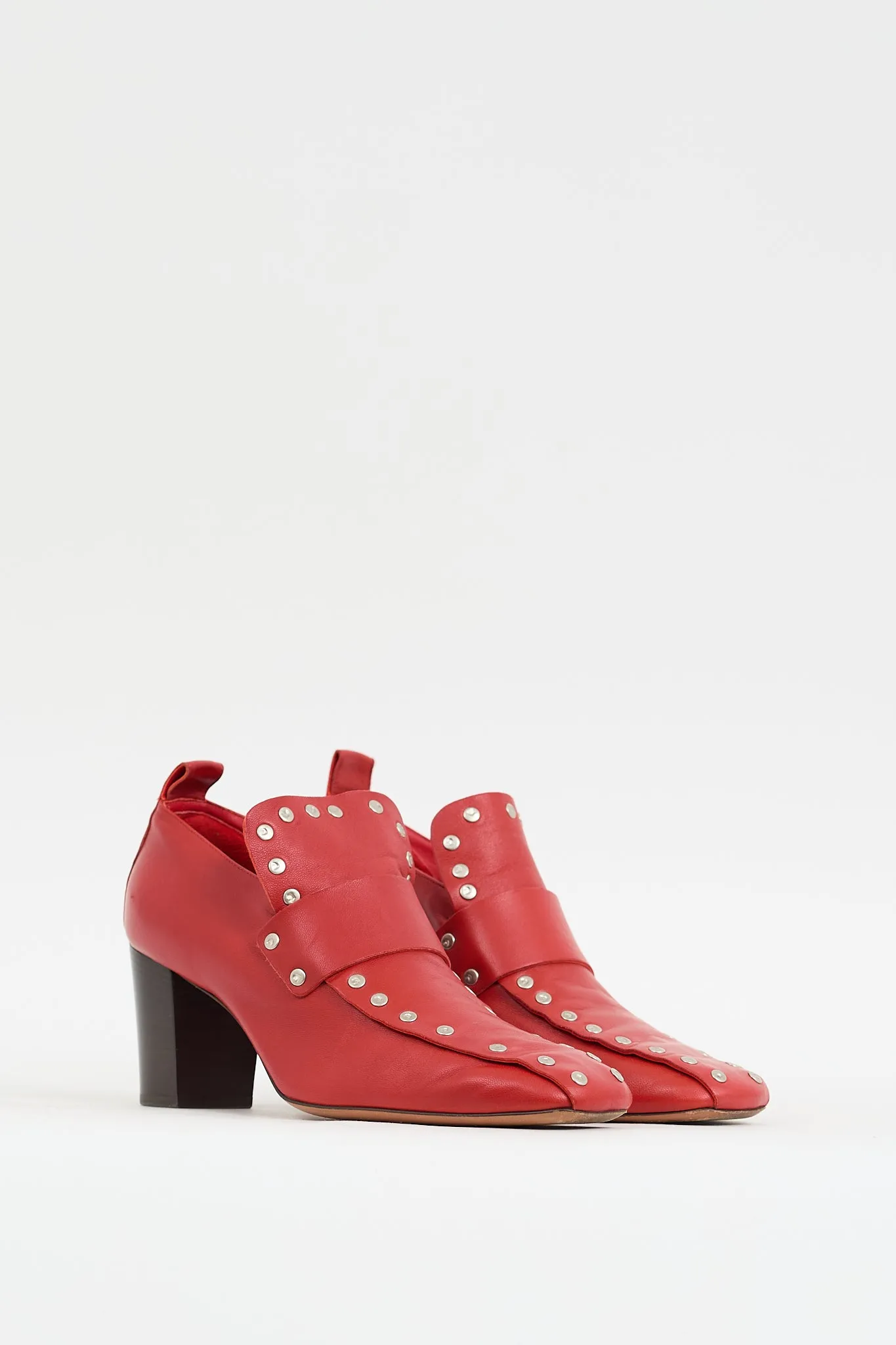 Red Leather Studded Heeled Loafer