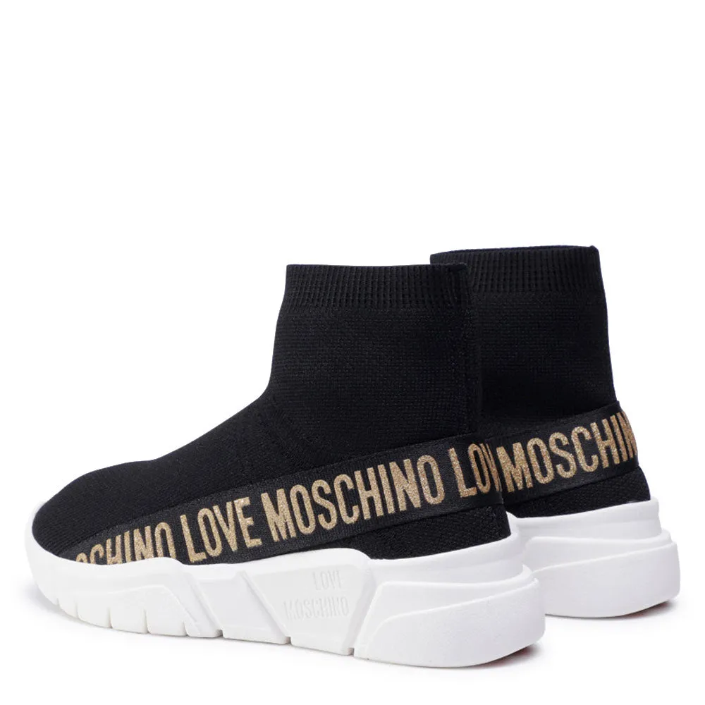 Scarpe Donna LOVE MOSCHINO Sneakers Running a Calzino Nera con Glitter Oro