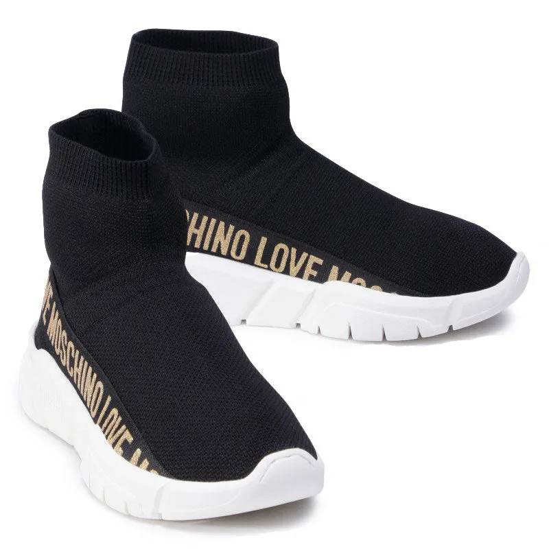 Scarpe Donna LOVE MOSCHINO Sneakers Running a Calzino Nera con Glitter Oro