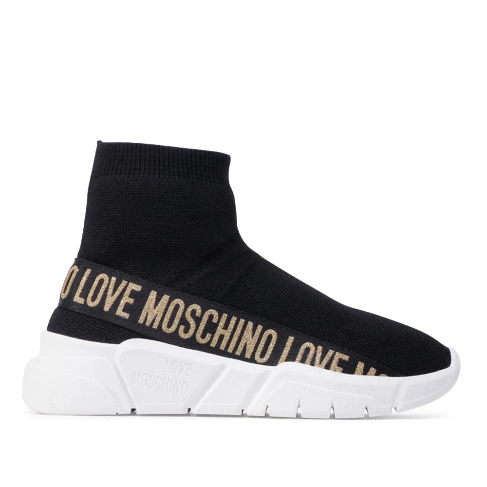 Scarpe Donna LOVE MOSCHINO Sneakers Running a Calzino Nera con Glitter Oro