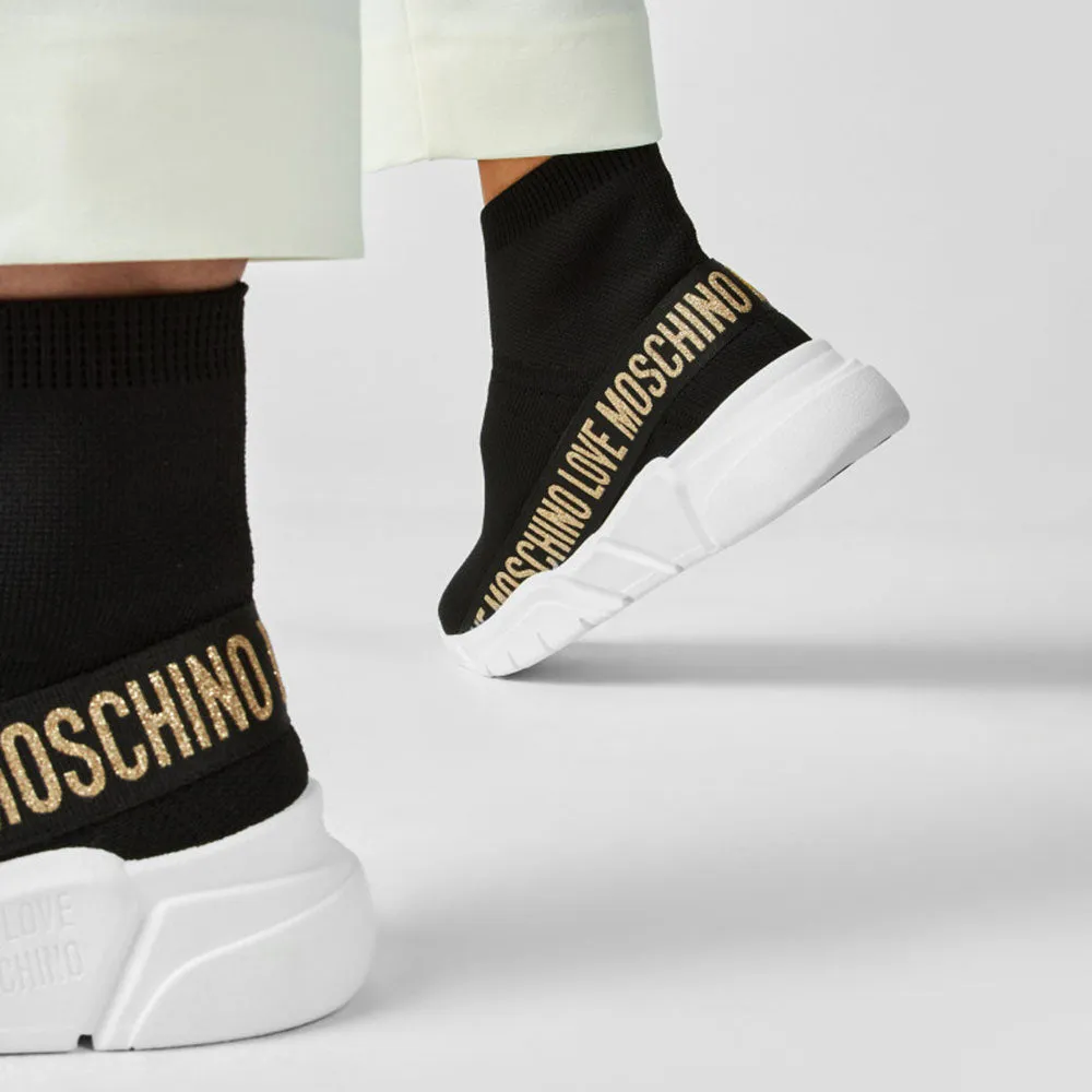 Scarpe Donna LOVE MOSCHINO Sneakers Running a Calzino Nera con Glitter Oro