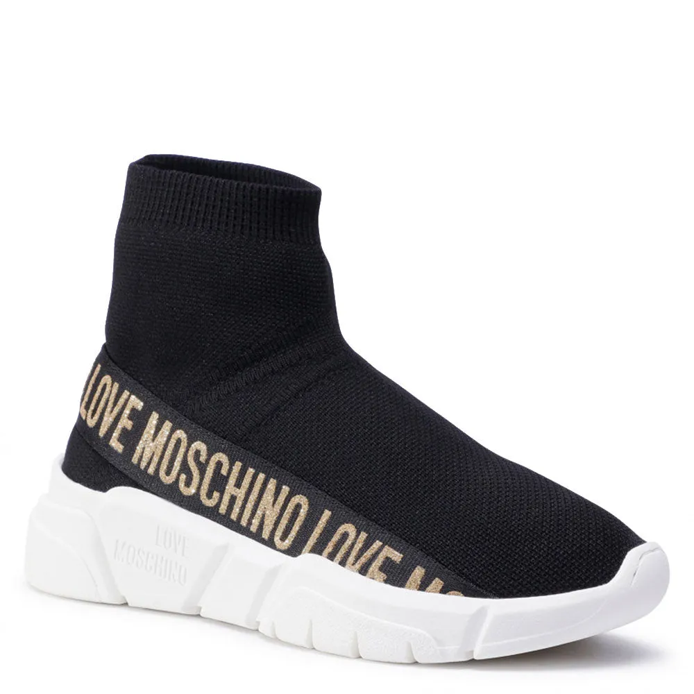 Scarpe Donna LOVE MOSCHINO Sneakers Running a Calzino Nera con Glitter Oro