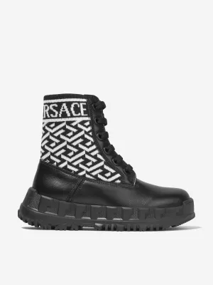 Versace Girls Leather La Greca Lace Up Boots