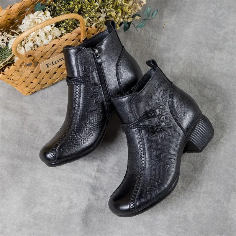 Women's Casual Leather Zipper Ankle Boots Flower Print Low Block Heel