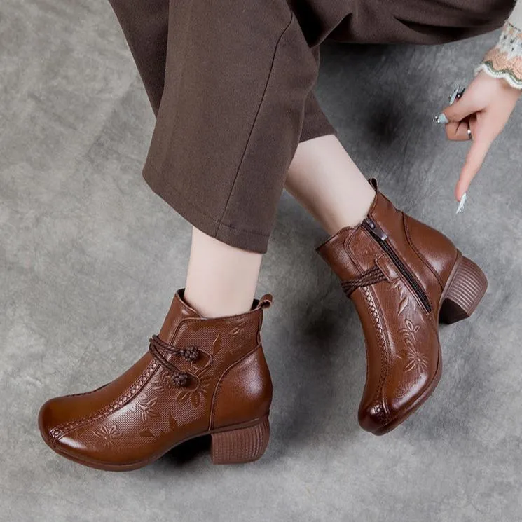 Women's Casual Leather Zipper Ankle Boots Flower Print Low Block Heel