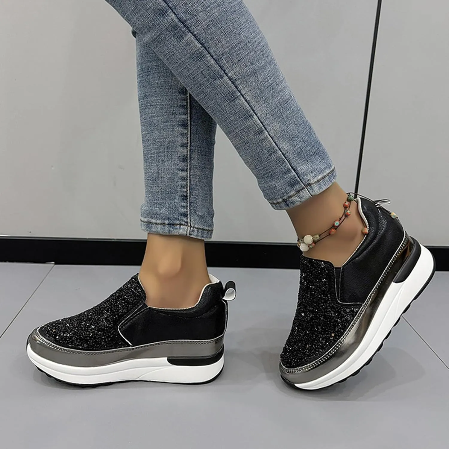 Women's Fashion Workout Shoes High Heel Wedge Sneakers for Women Shiny Running Shoe Casual Slip on Jogging Sneaker