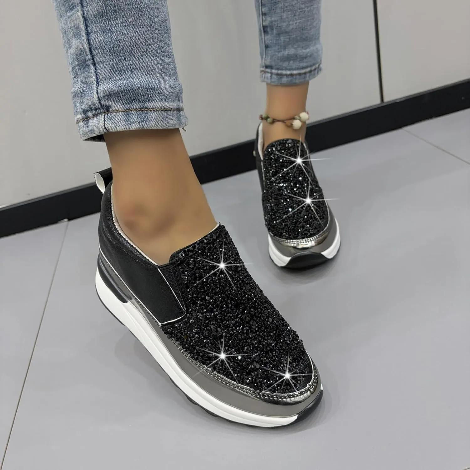 Women's Fashion Workout Shoes High Heel Wedge Sneakers for Women Shiny Running Shoe Casual Slip on Jogging Sneaker