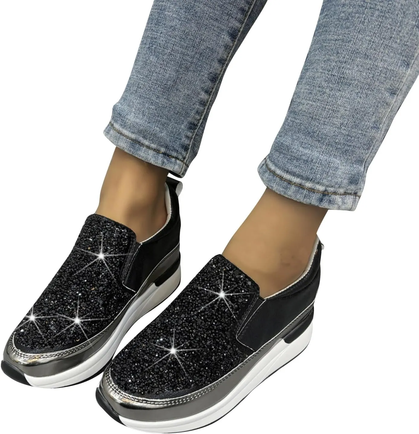 Women's Fashion Workout Shoes High Heel Wedge Sneakers for Women Shiny Running Shoe Casual Slip on Jogging Sneaker